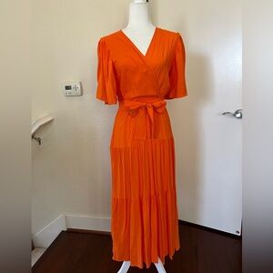 R Vivimos Orange Bohemian BOHO Solid Short Sleeve Dress Long Flow Vneck S NWOT